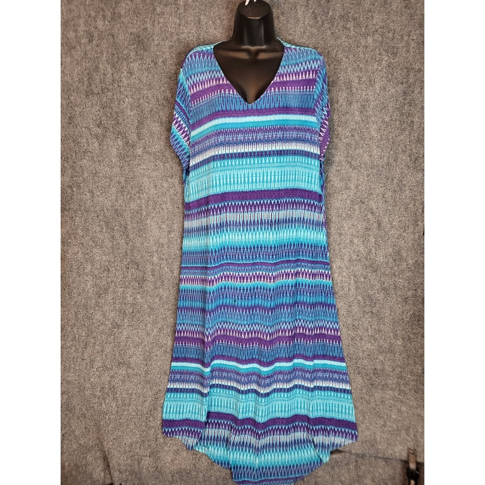 Travelers by Chico's Dress Size 3 Blue Purple Chevron Pattern V Neck Boho Travel